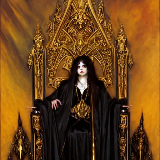 Image similar to full body portrait of beautiful vampire queen in gold gothic robes sitting on a throne of bones, elegant, highly detailed painting by gaston bussiere, craig mullins, j. c. leyendecker, 8 k, mid shot