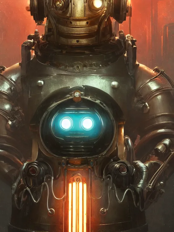 Image similar to portrait of a metallic robot from bioshock infinite, art by ryo shiotani and greg rutkowski, intricate, beautiful, cute, cinematic lighting, vintage art by serge ivanoff, high resolution, very detailed