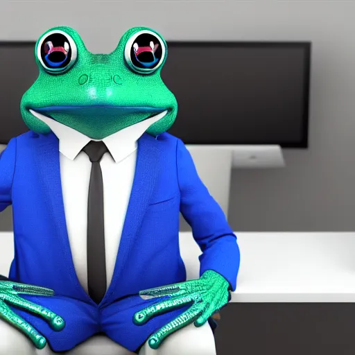 Image similar to Octane render professional portrait of an anthropomorphic blue frog wearing a suit sitting in an office, 8k, very intricate, very detailed,