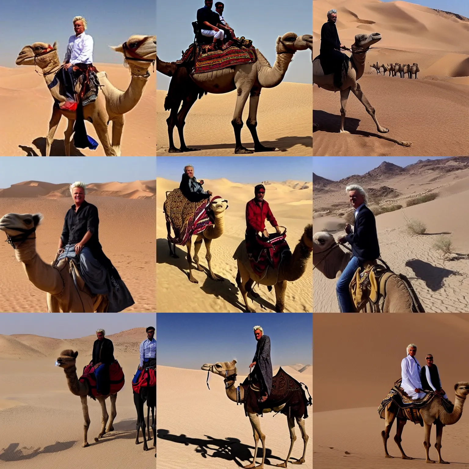 Prompt: geert wilders riding a camel in the desert