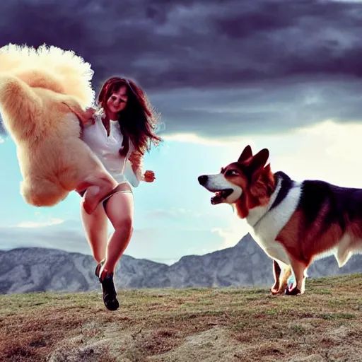 Prompt: giorgia meloni, she in riding a cute giant corgi, epic shot, cinematic lightning, 4 k