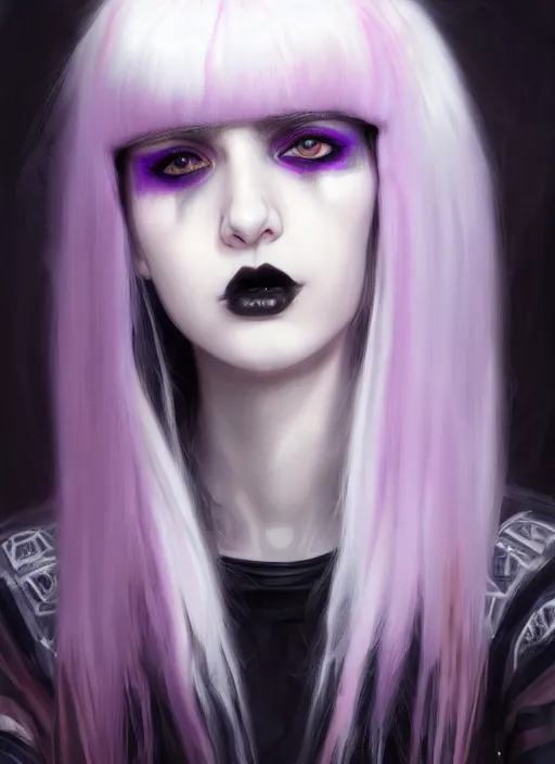 Image similar to portrait of white teenage girl, normal face, white bangs, mall goth, cyberlox, black and white hair, bangs, fluffy bangs, red contact lenses, purple lipstick, intricate, elegant, highly detailed, digital painting, artstation, concept art, sharp focus, smooth, illustration, art by wlop, mars ravelo and greg rutkowski