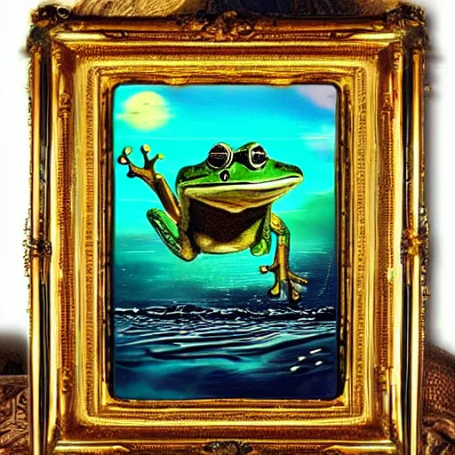 Prompt: frog swimming in the sea paintings, old gold - plated frame, cinematic, ufo in the background