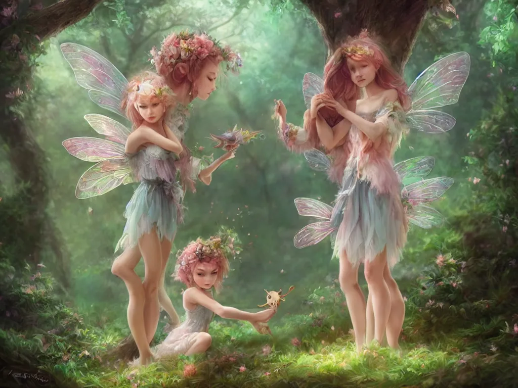 Image similar to two cute fairy in the dreamy forest, fantasy, dreamlike, 8 k resolution, hyper detailed, d & d, character design, digital painting, trending on artstation, sharp focus, illustration, art by artgerm, viktoria gavrilenko, hoang lap, fuji choko, steve zheng