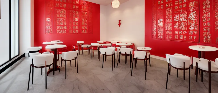 Image similar to a beautiful simple interior render of small roasted string hotpot restaurant restaurant yan'an, wall corner, from china, red paper wall and white tile floor, rectangle white porcelain table, fine simple delicate structure, chinese style, simple composition, simple style structure decoration design, victo ngai, 4 k hd