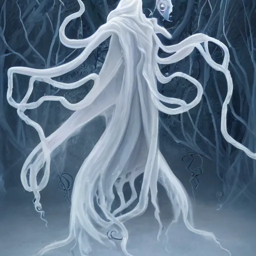 Image similar to concept designs for an ethereal ghostly wraith like figure with a squid like parasite latched onto its head and long tentacle arms that flow lazily but gracefully at its sides like a cloak while it floats around a frozen rocky tundra in the snow searching for lost souls and that hides amongst the shadows in the trees, this character has hydrokinesis and electrokinesis for the resident evil village video game franchise with inspiration from the franchise Bloodborne and the mind flayer from stranger things on netflix