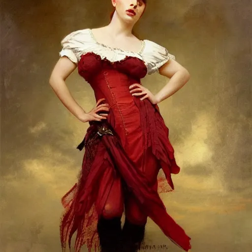 Image similar to solomon joseph solomon and richard schmid and jeremy lipking victorian genre painting portrait painting of a young beautiful scarlet johansson traditional german french actress model pirate wench in fantasy costume, red background