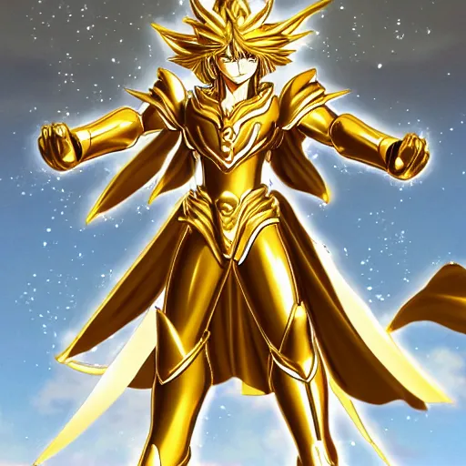 Prompt: full shot of Saint Seiya knight wearing golden Cat armor, detailed, inspired by Masami Kurumada, ArtStation