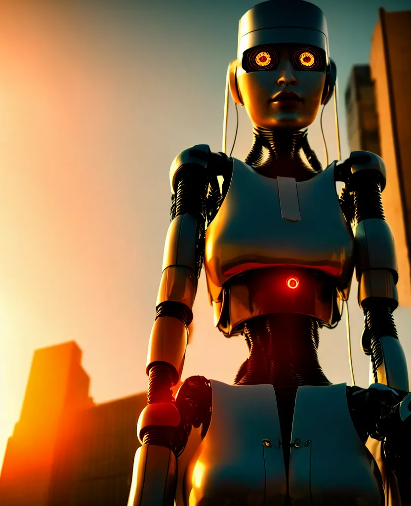 Image similar to a photo close up cyberpunk half robot half girl stands in a cyberpunk hiroshima, prefecture streets, sunset, photorealistic, cinematic lighting, very detailed, style by tomino - sama