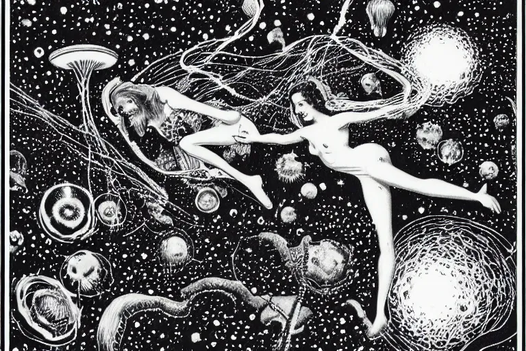 Prompt: how magic mushrooms can take us to the farthest reaches of inner space, painting by virgil finlay and kelly freas