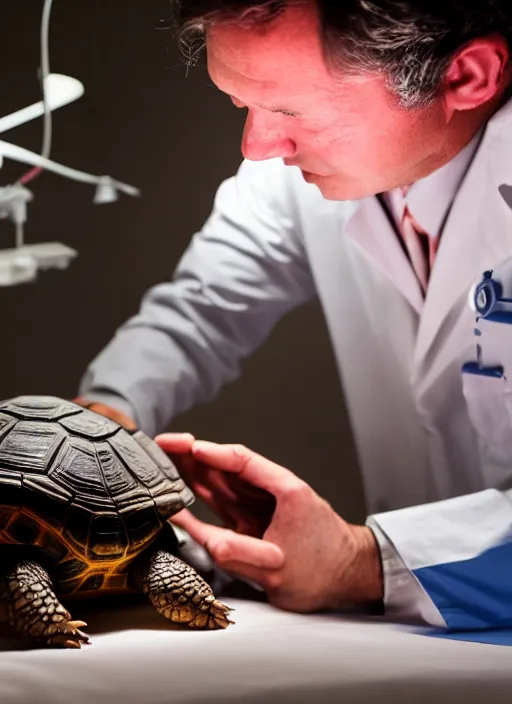 Image similar to doctor examining a small tortoise under bright operating room lights, closeup, 2 4 mm wide angle, technicolor