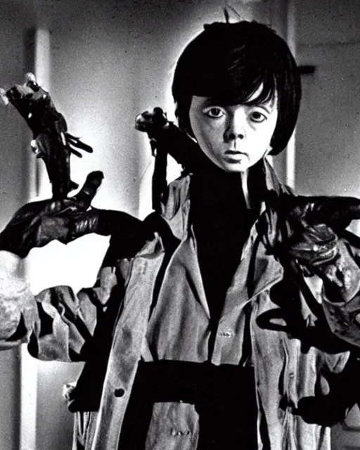 Image similar to film still of young actor bud cort, from harold and maude, as tetsuo in live action remake of akira, neo - tokyo, post apocalyptic, telekinesis, mutant psychic children, neo - tokyo, futuristic, in the style of alex proyas, ridley scott, katsuhiro otomo