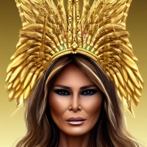 Image similar to melania trump with golden pharaoh headdress, and angel wings, elegant, angelic, trending on artstation