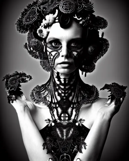 Image similar to surreal dark poetic black and white photo portrait of complex bio-mechanical beautiful young silver female vegetal-cyborg with a Mandelbrot fractal steampunk metal fine lace face, a very long neck and a fine metal floral foliage super big lace collar by Vivienne Westwood:: smoke, high fashion, haute couture, rococo, steampunk, avant-garde, silver filigree details, anatomical, facial muscles, cable wires, microchip, elegant, dreamy, foggy atmosphere, hyper realistic, 150 mm lens, soft rim light, octane render, unreal engine, picture was taken in 1910 by Man Ray, volumetric lighting, dramatic light,8k,