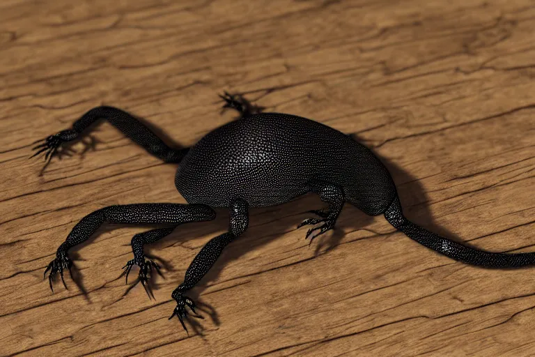 Prompt: octane render of a black lizard with 6 legs, sitting on wood, ambient lighting, intricate light, detailed, hyper realistic