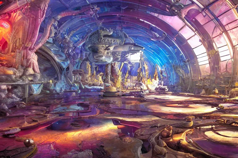 Image similar to a beautiful painting of an elaborate utopian sci - fi scene painted by hr giger and lisa frank, detailed, unreal engine, 4 k octane render, volumetric lighting, shadows, reflections