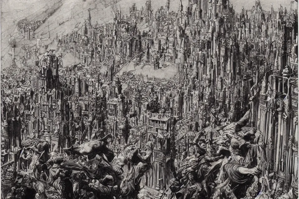 Image similar to artwork by Franklin Booth showing the fall of the city of Babylon