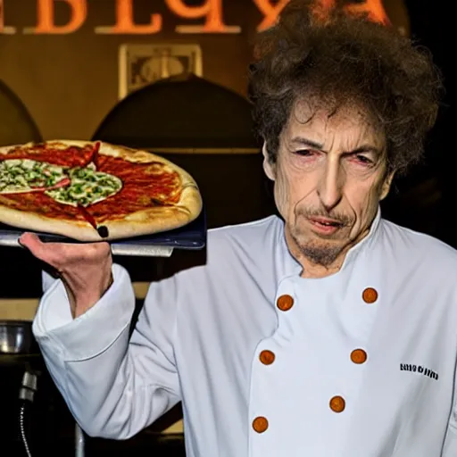 Image similar to bob dylan wearing a chef hat, flipping a pizza in the air