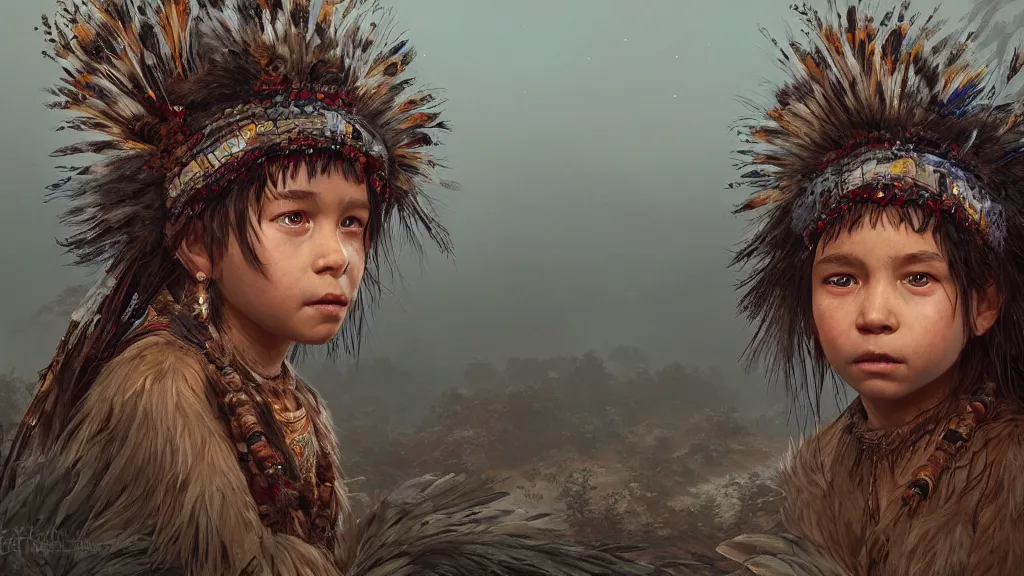 Image similar to highly detailed portrait of a grizzled indigenous child, feathered headdress, traditional clothing, unreal engine, fantasy art by greg rutkowski, ferdinand knab, makoto shinkai and lois van baarle, ilya kuvshinov, rossdraws, tom bagshaw, global illumination, radiant light, detailed and intricate environment