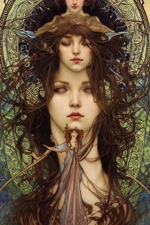 Prompt: realistic detailed face portrait of the The High Priestess of the Tarot by Alphonse Mucha, Ayami Kojima, Amano, Charlie Bowater, Karol Bak, Greg Hildebrandt, Jean Delville, and Mark Brooks, Art Nouveau, Neo-Gothic, gothic, Tarot card, rich deep moody colors