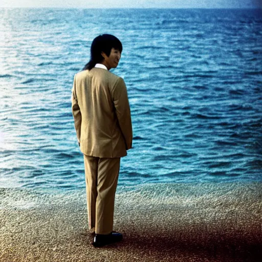 Image similar to japanese man with long hair in a beige suit standing in the ocean looking at the camera, wide shot, far away, zoomed out, distance shot, sunset, centered, album cover, tatsuro yamashita, 1980, ride on time