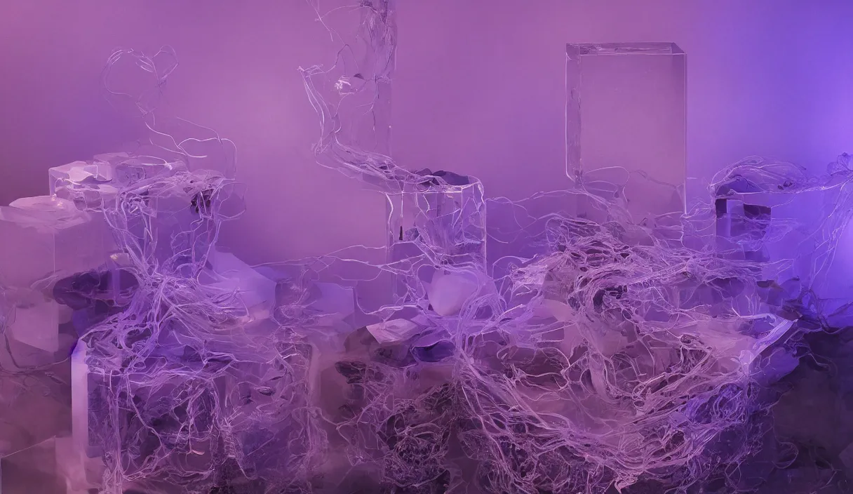 Prompt: artwork by jesper just with wax, porcelain, cables and monitors, small stone in a plexiglas box, purple smoke, ultra realistic, depth, beautiful lighting, glitch, sigma, 8 k, 3 5 mm, f / 3 2