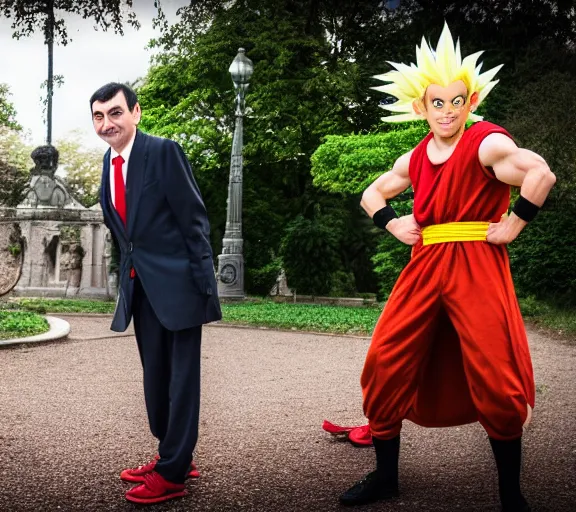 Image similar to portrait photo of mr bean as super saiyan, in a park by luis royo. soft light. sony a 7 r iv