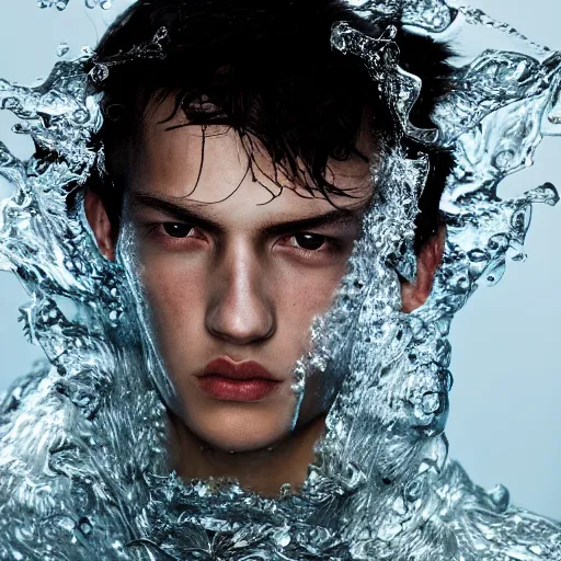 Prompt: a portrait of a beautiful young male wearing an alexander mcqueen armor made of water , photographed by andrew thomas huang, artistic