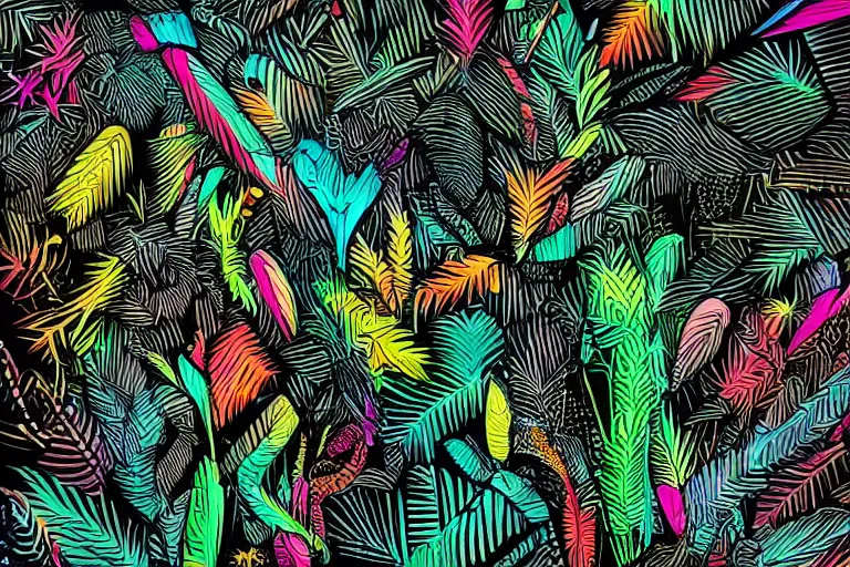 Image similar to neon jungle on black canvas, detailed illustration, artstation