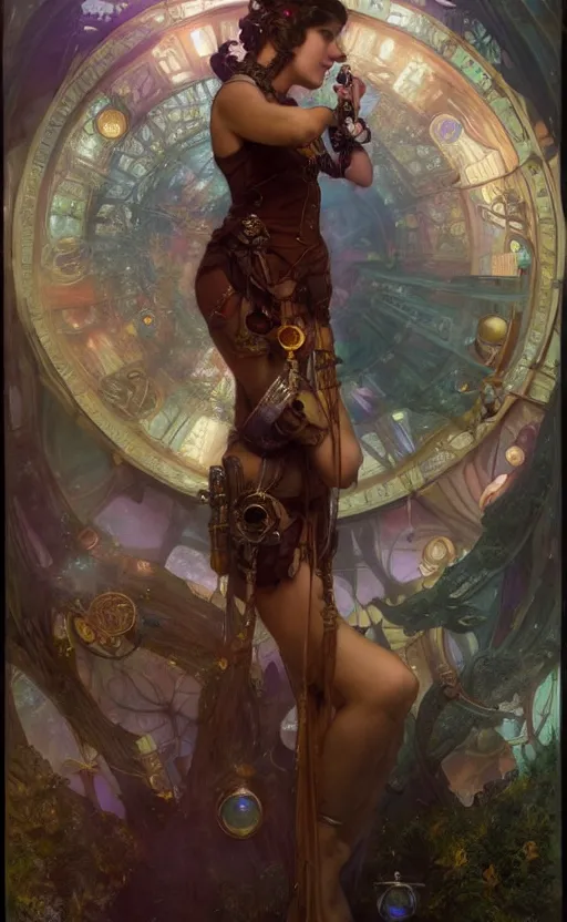 Image similar to hyper realistic photographer taking a picture, magical, gems, jewels, gold, steampunk, cyberpunk utopia, painted by tom bagshaw, mucha, gaston bussiere, craig mullins, j. c. leyendecker 8 k