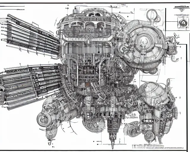 Image similar to a full page of a mechanical blueprint showing a cutaway design for a mechanized pikachu from howl's moving castle ( 2 0 0 4 ), with a big head, muted colors, post grunge, studio ghibli, hq,