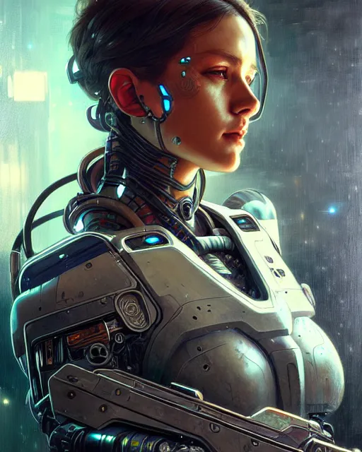 Image similar to a cybernetic bounty hunter, grungy sci - fi bar, fantasy character portrait, ultra realistic, intricate, elegant, highly detailed, digital painting, artstaion, smooth, sharp, focus, illustration, art by artgerm and greg rutkowski and alphonse mucha