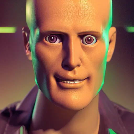 Image similar to a hyperrealistic 3 d render of max headroom on a vintage tv, octane render, unreal engine, 8 k, trending on artstation, ultra detailed, volumetric lighting, dramatic lighting, lasers, neon