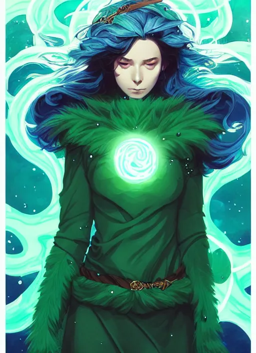 Prompt: style artgerm, joshua middleton, illustration, john krasinski as druid wearing green pelt light armor, anime eyes, blue hair, swirling water cosmos, fantasy, dnd, cinematic lighting