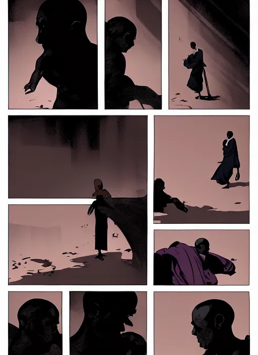 Image similar to Monk guiding a Lost Soul through Limbo, in the Style of Tomer Hanuka and Mike Mignola, trending on artstation