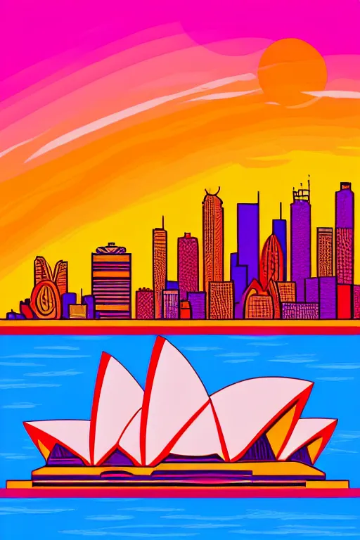 Image similar to minimalist boho style art of colorful sydney opera at sunrise, illustration, vector art