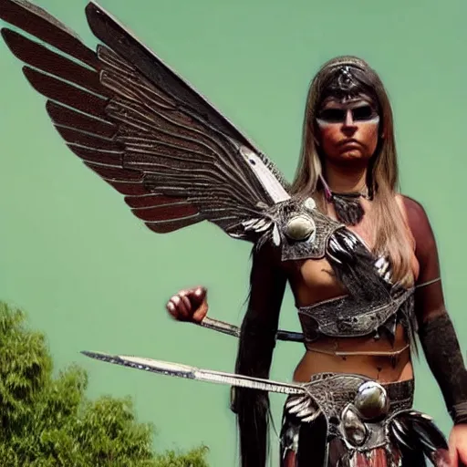Prompt: photo of a winged female warrior