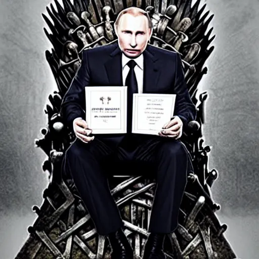 Image similar to “Putin sitting on the iron throne, 4k, award winning, Photograph”