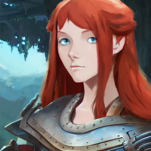 Prompt: portrait of a young redheaded woman with blue eyes and wearing a armor, medieval background, highly detailed, digital painting, artstation, matte, by makoto shinkai, animation style, studio ghibli, anime key visual