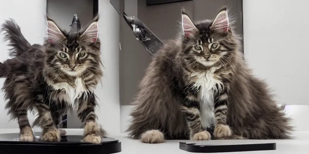 Image similar to a 3 d rendered movie still a of maine coon robotic kitten has become a cat scanner. cyberpunk cat tree. science fiction blockbuster movie from the future, imax 7 0 mm. style of mandalorian ( american space western television series )