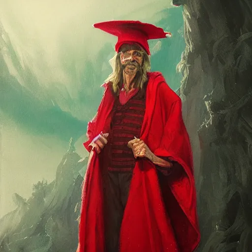 Image similar to portrait of rincewind wearing bright red wizard robe and hat by greg rutkowski