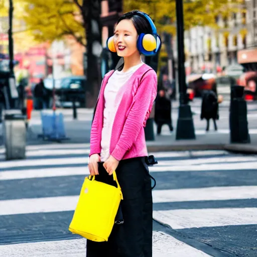 Image similar to cute Chinese girl with headphones and a yellow backpack in NYC