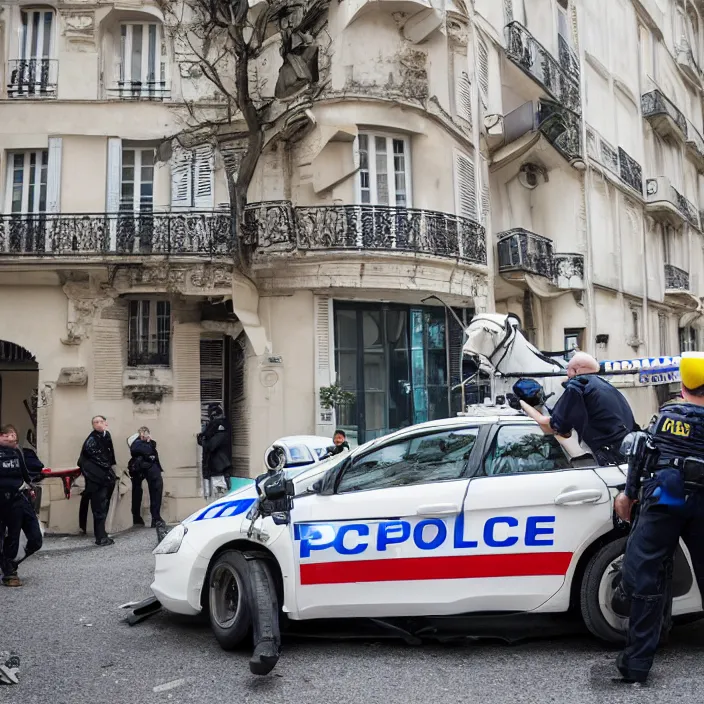 Image similar to car in the form of a space horse, police collecting evidence on a crime scene in a Parisian apartment, Sigma 70mm f/2.8 DG DN Art