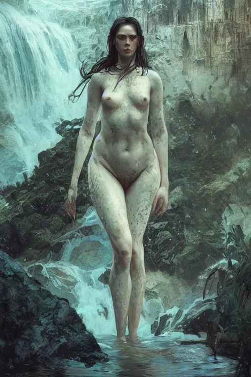 Image similar to a full body portrait of a beautiful post apocalyptic offworld neoicelandic biofarmer swimming by the waterfalls, intricate, elegant, highly detailed, digital painting, artstation, concept art, smooth, sharp focus, illustration, art by krenz cushart and artem demura and alphonse mucha