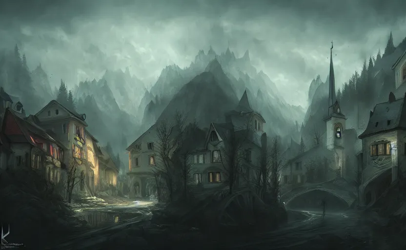 Prompt: extreme long shot concept art depicted old austrian enchanted town, dramatic mood, overcast mood, dark fantasy environment, league of legends, arcane, trending on artstation, unreal engine, golden ratio, spectacular composition, realistic architecture