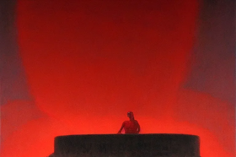 Image similar to only with red, a red melted emperor in an authoritarian position, taormina amphitheatre, crowd hails him, in the style of beksinski, parts by edward hopper, parts by rodcenko, parts by yue minjun, intricate and epic composition, red by caravaggio, insanely quality, highly detailed, masterpiece, red light, artstation, 4 k