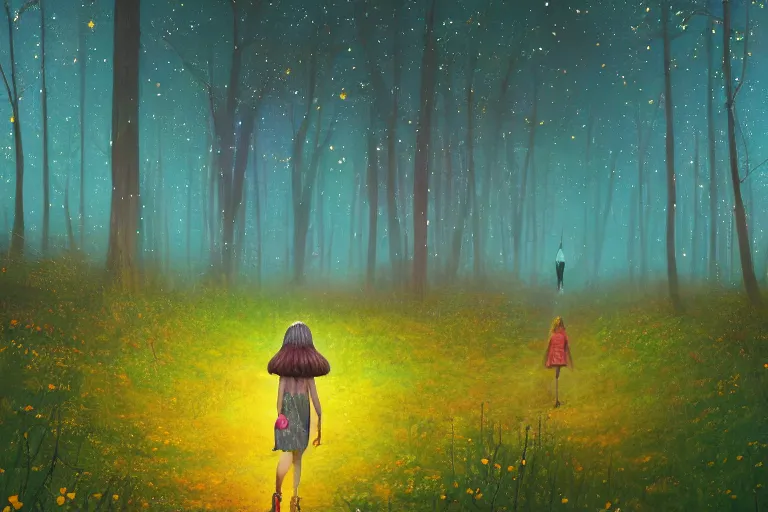 Prompt: giant daisy flower head, girl walking in a moonlit forest, hills, surreal photography, dark night, star trails, dramatic light, impressionist painting, clouds, digital painting, artstation, simon stalenhag