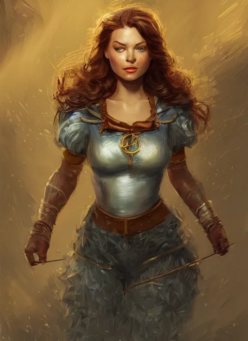 Image similar to beautiful female dorothy gale, rebecca romijn as dorothy, full body character concept, covered in full iron armor, super powers, fantasy, intricate, elegant, highly detailed, digital painting, artstation, concept art, shining, sharp focus, illustration, art by stanley lau