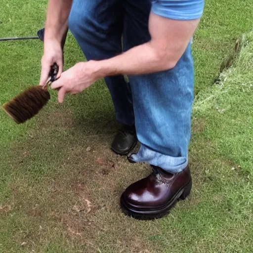 Prompt: Teddybear is standing with brush in his hand, sweating a lot while polishing shoes