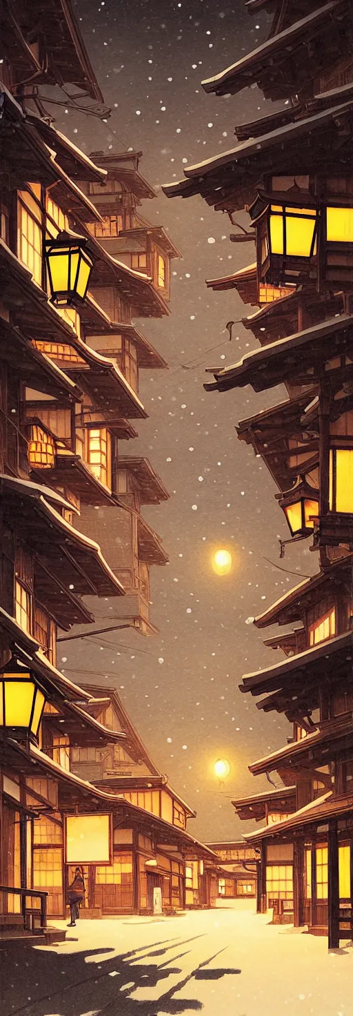 Image similar to empty rural japanese town at night, winter, in the style of studio ghibli, j. c. leyendecker, greg rutkowski, artem